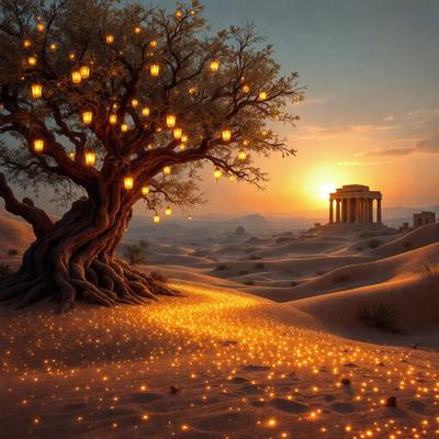 Primary subject: A tree with lights on it.

Setting/background: A desert landscape with a sunset in the background.

Visual style: Digital art.

Colors and mood: The image has a warm and serene atmosphere, with the tree and the sunset creating a sense of tranquility and beauty.